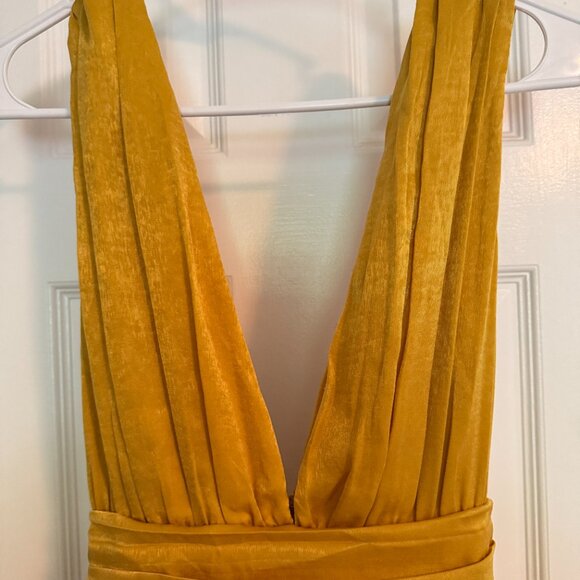 Lulus Peak Party Vibe Mustard Yellow Satin Tiered Tie-back Midi Dress - Size L - Picture 10 of 10
